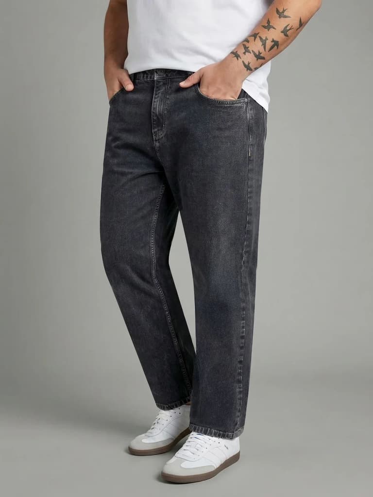 Plus Men's Grey Relaxed Fit Washed Denim Jeans Non-Stretchable — photo 2