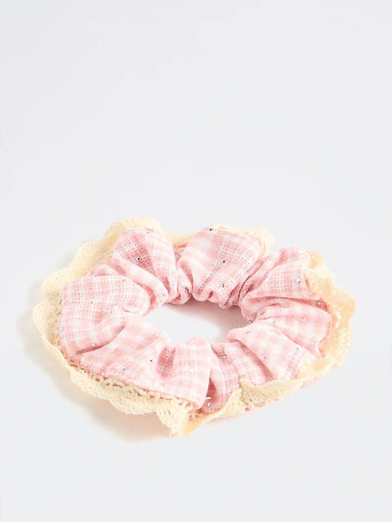 Westside Accessories Pink Checkered Lace-Trim Scrunchie — photo 2