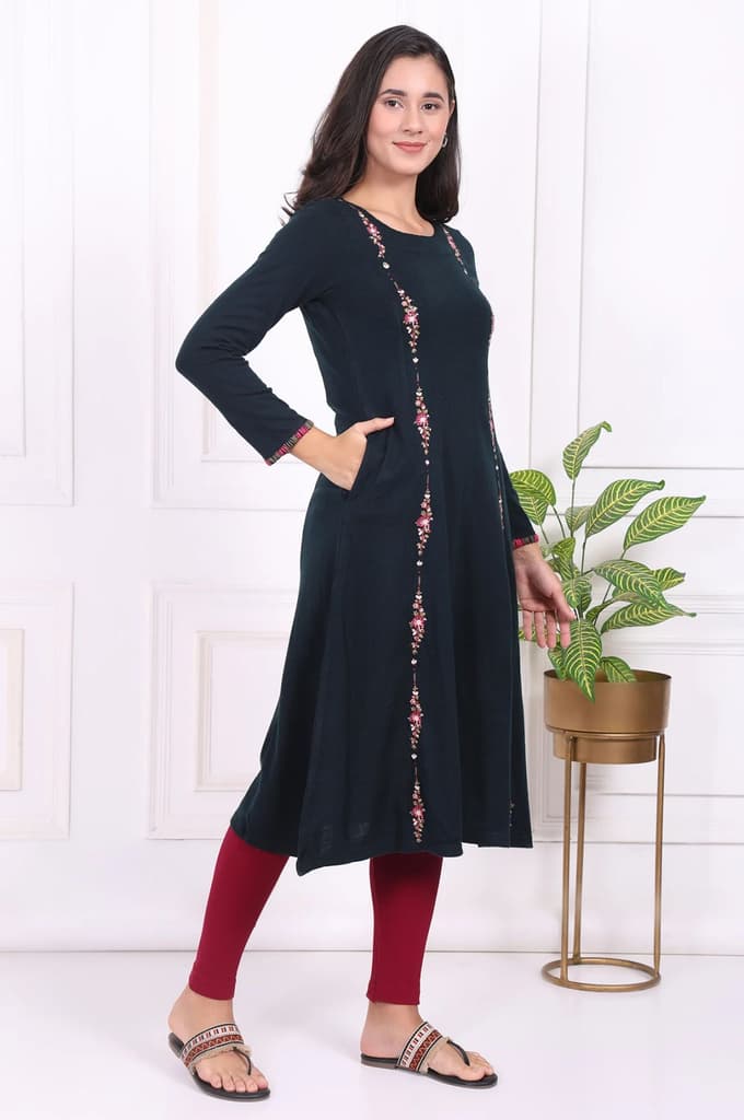 Navy Blue Thread Embroidered Acrylic Flared A-line Kurta — photo 6