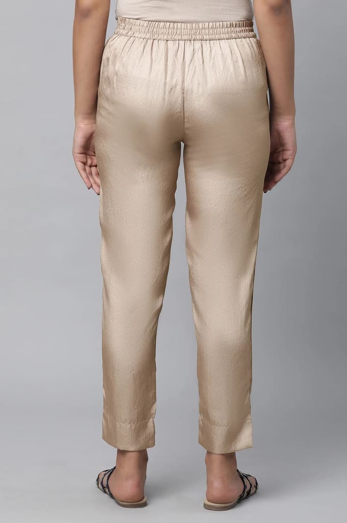 Gold Solid Straight Fit Satin Pants With Elasticated Waist — photo 2