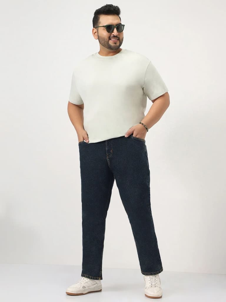 Plus Men's Dark Blue Straight Fit Heavy Washed Jeans Stretchable — photo 4