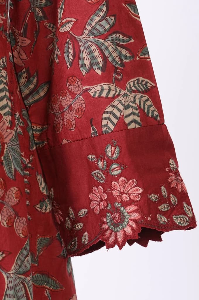 Maroon Floral Printed Embroidered Pure Cotton A-line Kurta — photo 7