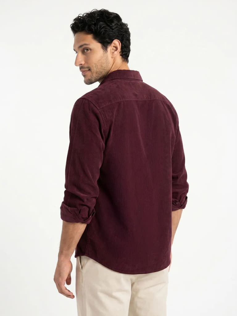 Men's Maroon Corduroy Full Sleeve Regular Fit Solid Overshirt with Utility Pockets — photo 3