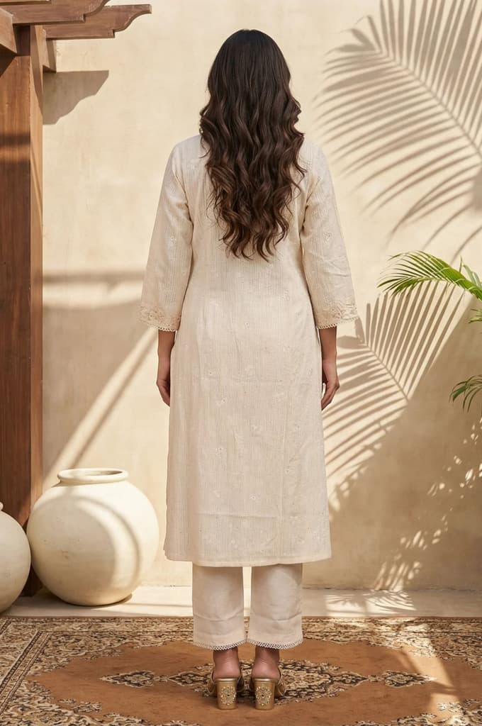 Beige Embroidered Rayon Straight Kurta with Pants Set — photo 4