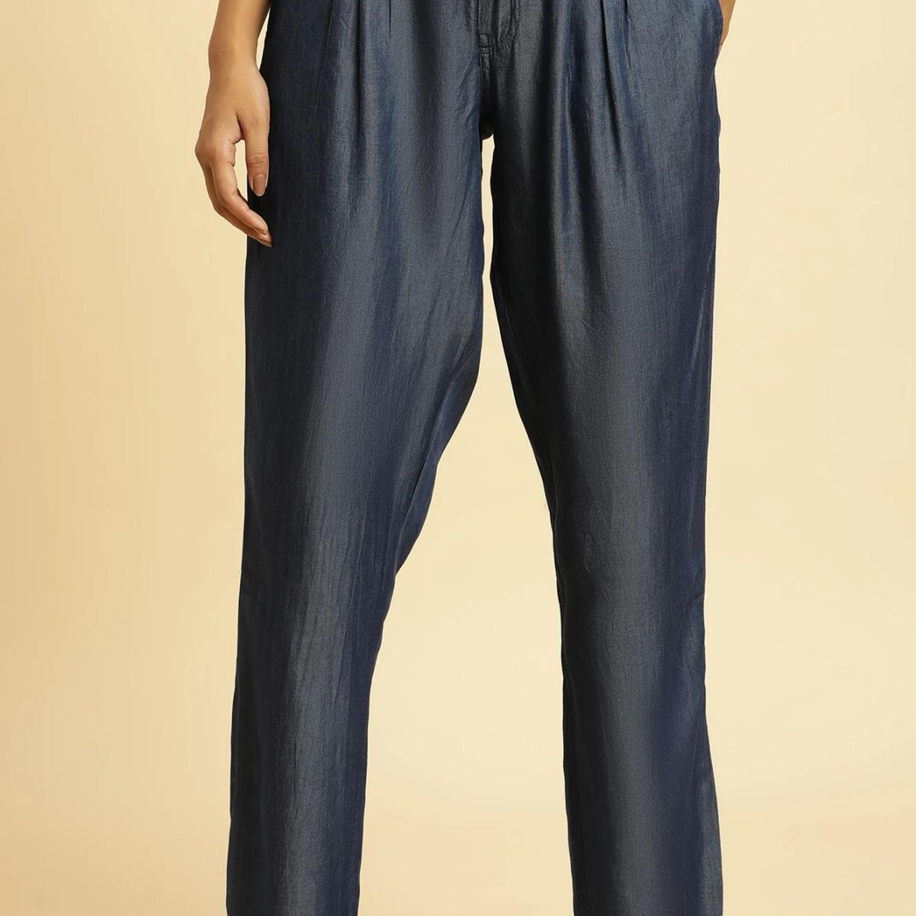 Blue Solid Straight Fit Denim Pants With Pleated Detail