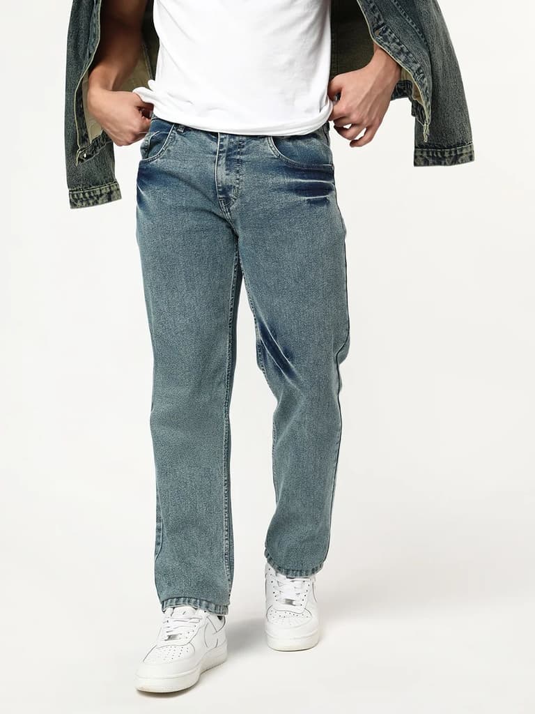 Men's Ice Blue Regular Fit Acid Washed Denim Jeans Stretchable