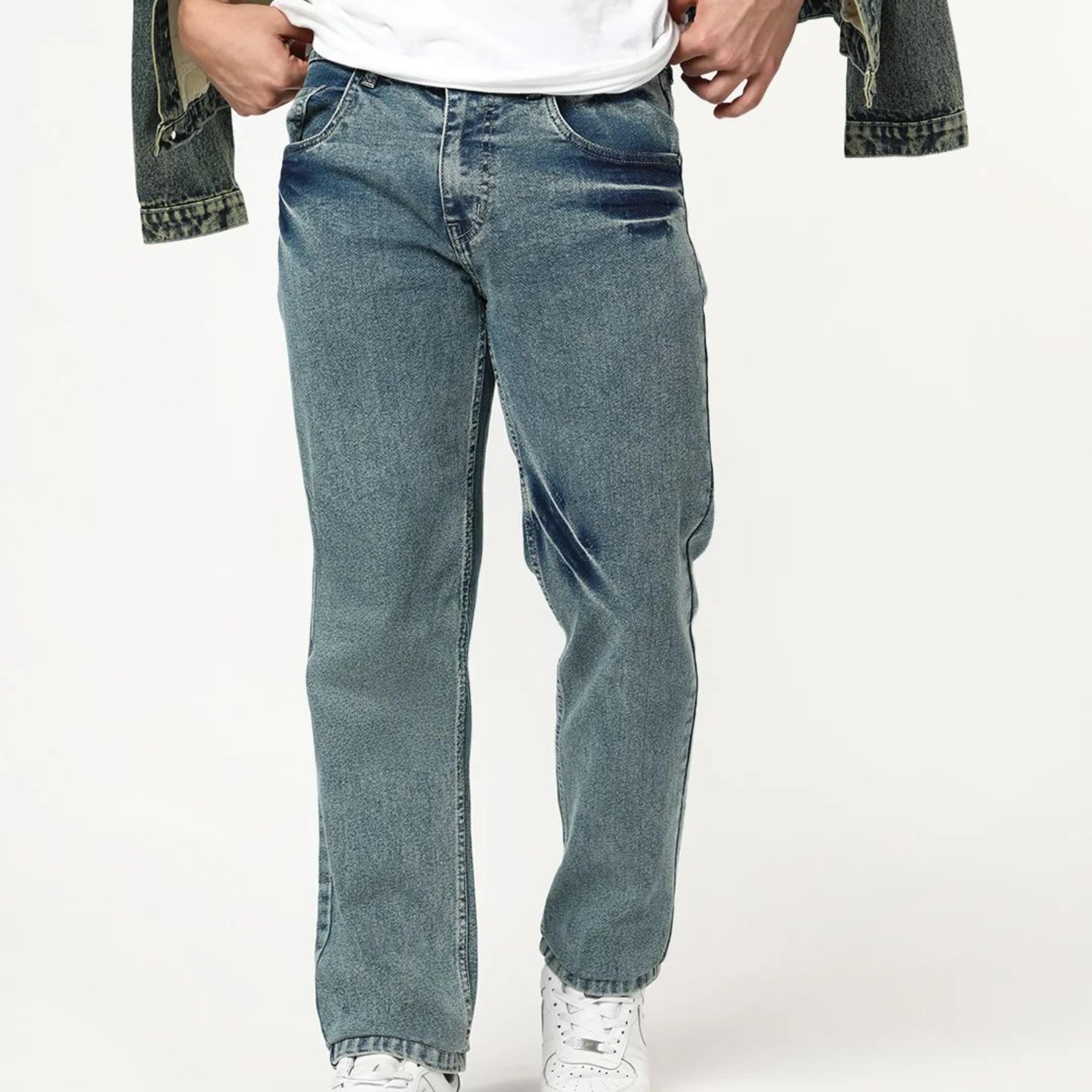 Men's Ice Blue Regular Fit Acid Washed Denim Jeans Stretchable