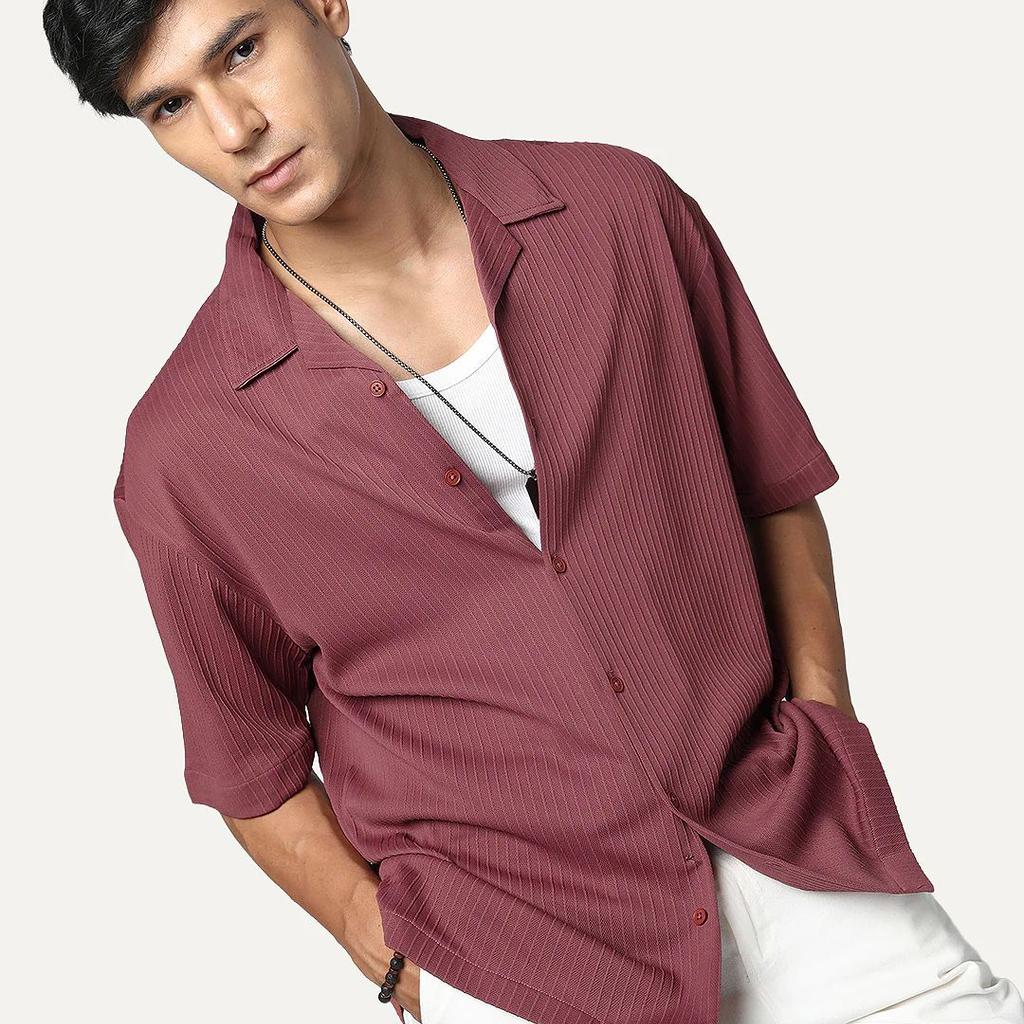 Men's Light Maroon Cotton Half Sleeve Oversized Fit Textured Shirt with Cuban Collar
