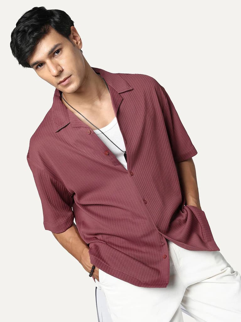 Men's Light Maroon Cotton Half Sleeve Oversized Fit Textured Shirt with Cuban Collar — S / Light Maroon