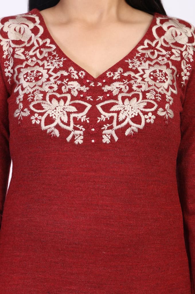 Maroon Embroidered A-Line Acrylic Winter Kurta — photo 3
