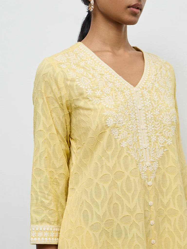 Utsa Yellow Floral Embroidered A-Line Cotton Kurta — photo 3