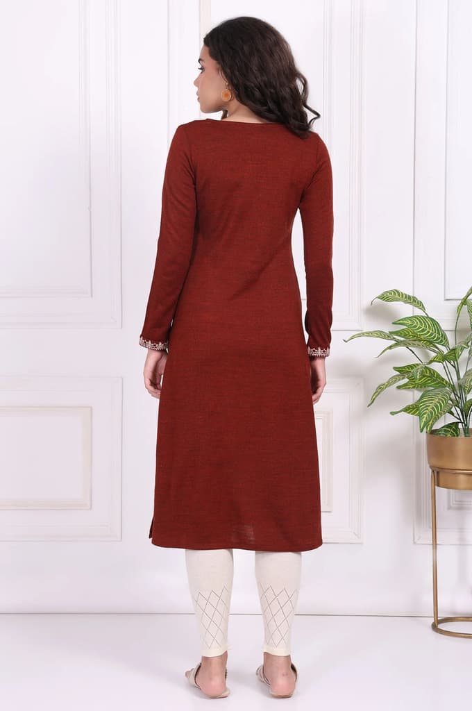 Rust Embroidered Straight Acrylic Kurta — photo 4