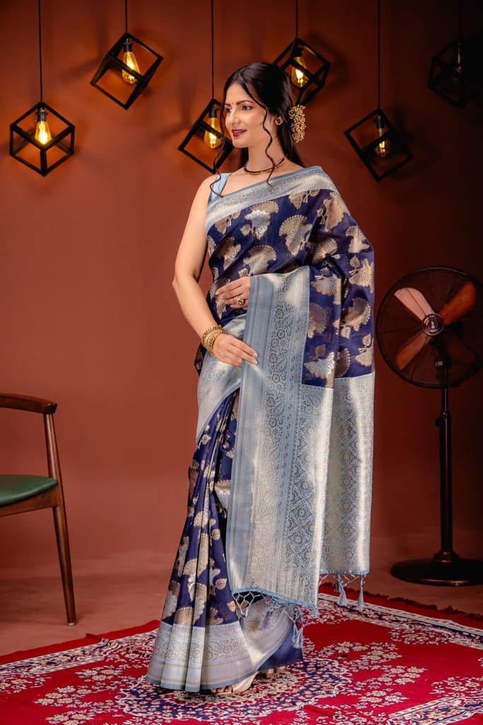 Mimosa Women's Woven Design Kanjivaram Style Art Silk Saree With Blouse Piece : SA00001735NVFREE — photo 4