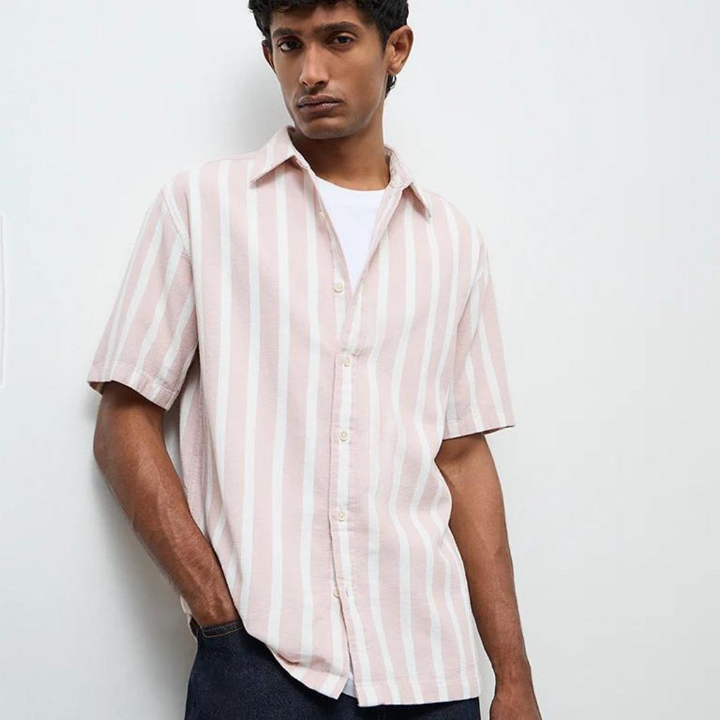 WES Casuals Light Pink Striped Relaxed-Fit Cotton Shirt