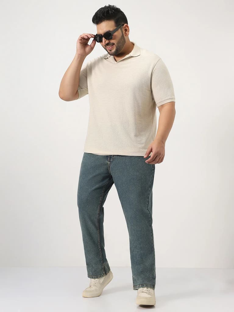 Plus Men's Light Blue Straight Fit Heavy Washed Jeans Stretchable — photo 4