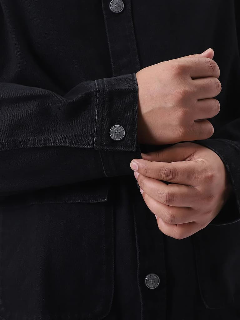 Plus Men's Black Relaxed Fit Full Sleeve Utility Denim Jacket — photo 6