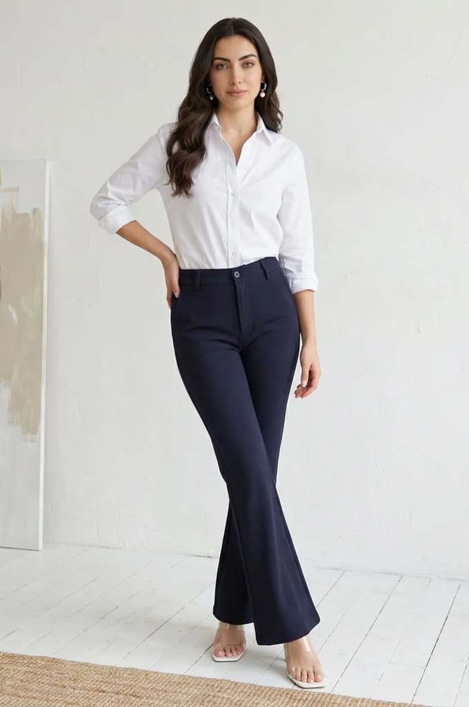 Navy Blue Solid Buttons Rayon Slim Fit Flared Boss Pants — photo 4