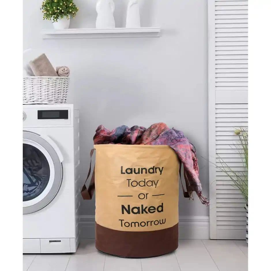 Kuber Industries Foldable Bin & 45 Liter Waterproof Round Non Wovan Laundry Bag (Beige & Brown) — photo 2