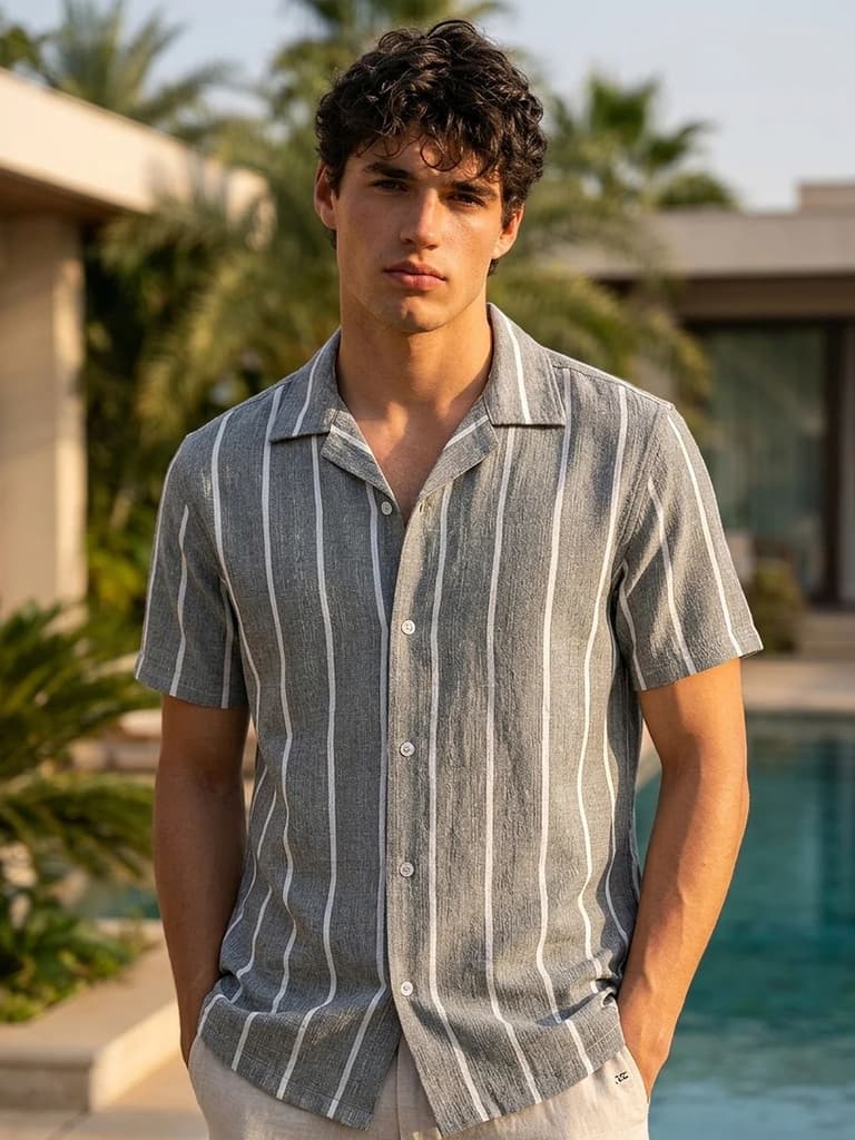 Men's Steel Cotton Half Sleeve Relaxed Fit Linen Striped Shirt with Cuban Collar — S / Steel