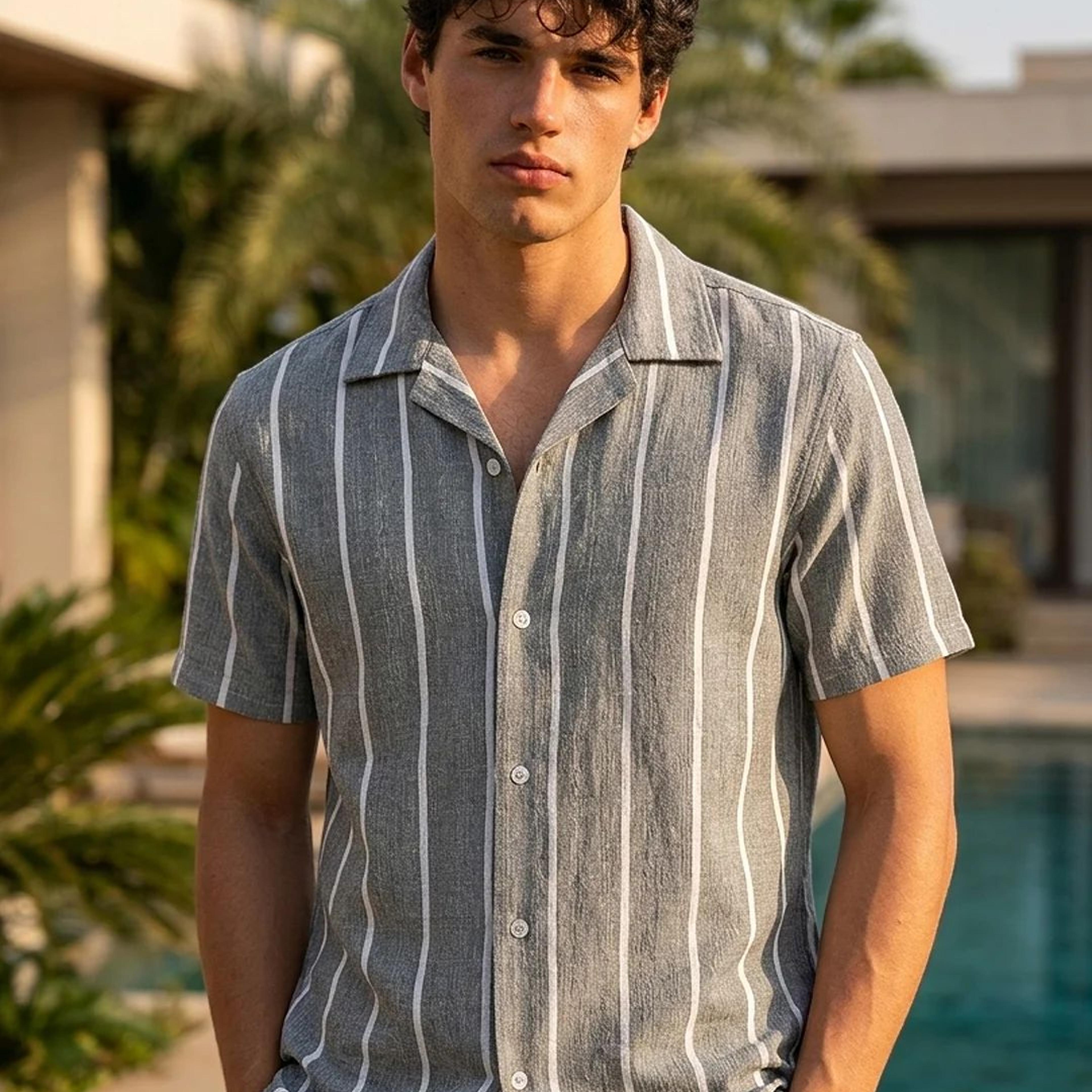 Men's Steel Cotton Half Sleeve Relaxed Fit Linen Striped Shirt with Cuban Collar