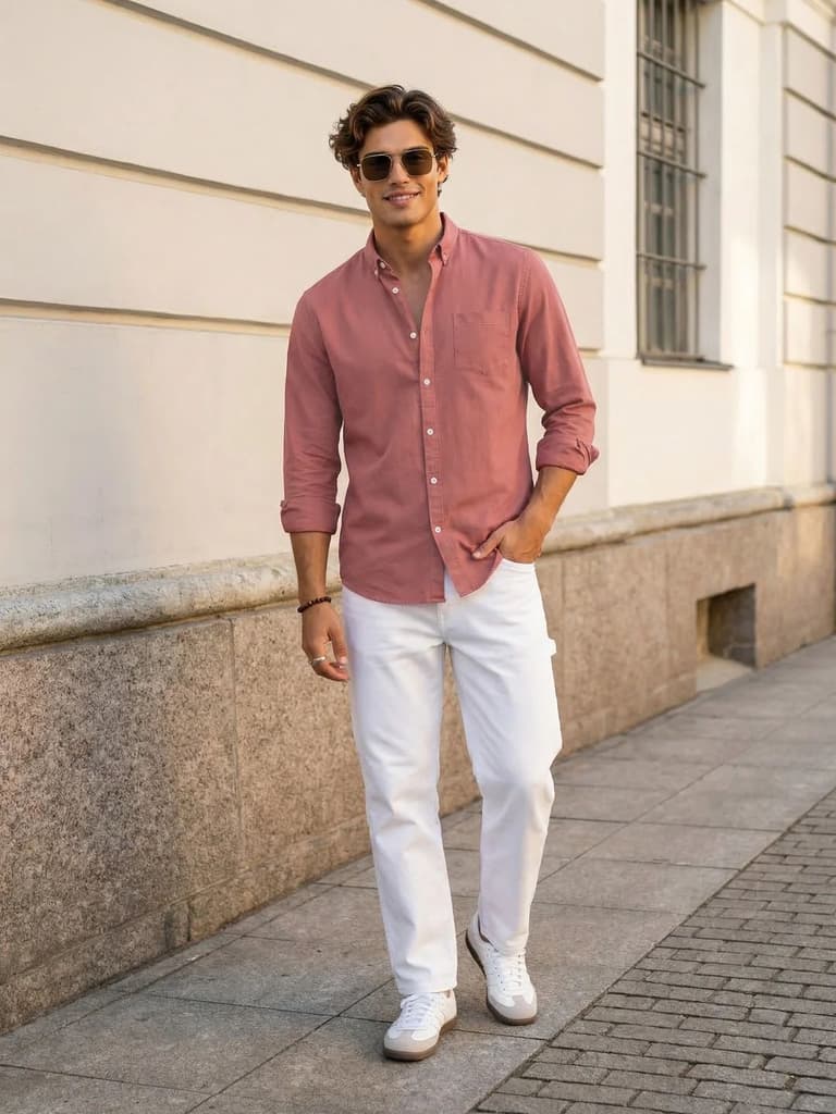 Men's Peach Cotton Full Sleeve Regular Fit Solid Oxford Shirt With Button-Down Collar — photo 4