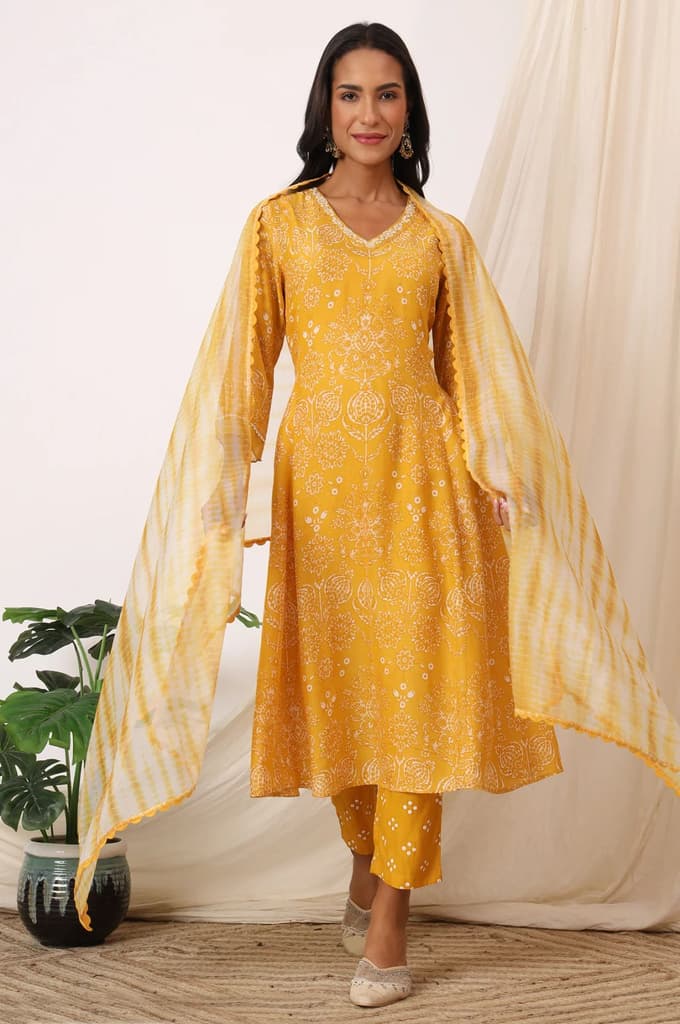 Mango Yellow Printed Flared Kurta and Pants Set with Dupatta — photo 2