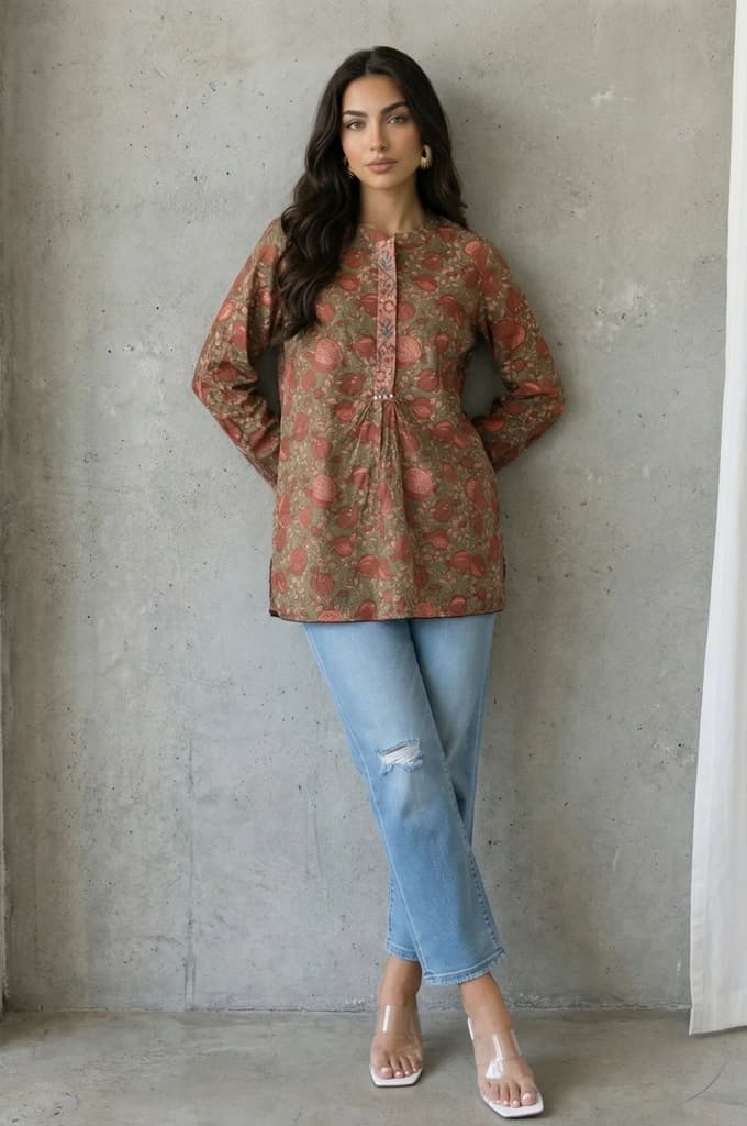Olive Floral Printed Pure Cotton Straight Top — photo 2