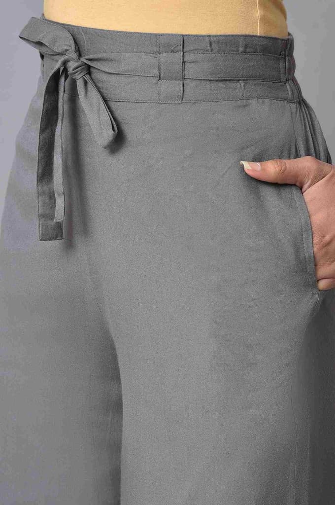 Grey Solid Flared Cotton Palazzo With Elasticated Waist — photo 7