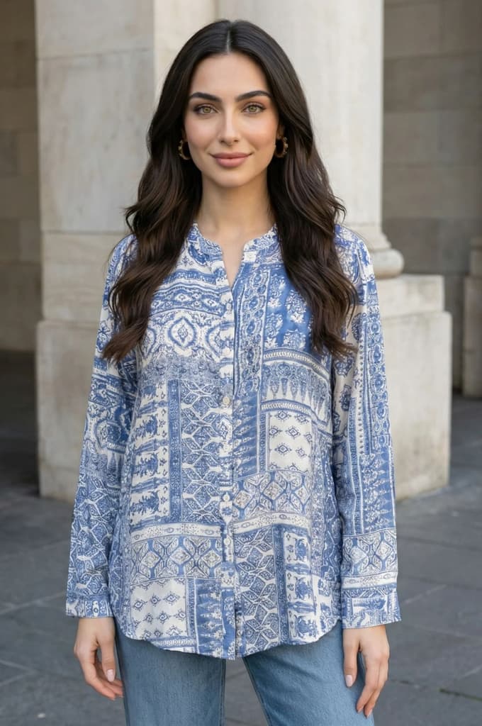 Blue Geometric Printed Straight Shirt — photo 5