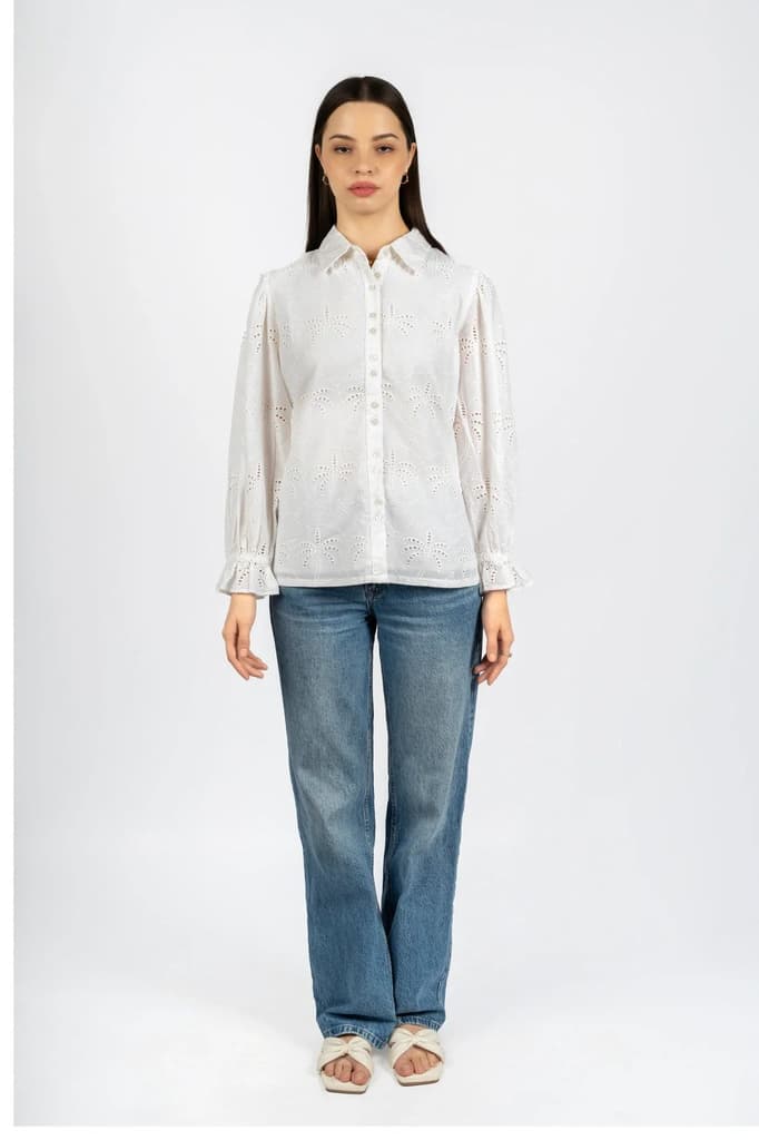 Cotton Schiffly Solid White Collared Top — photo 5