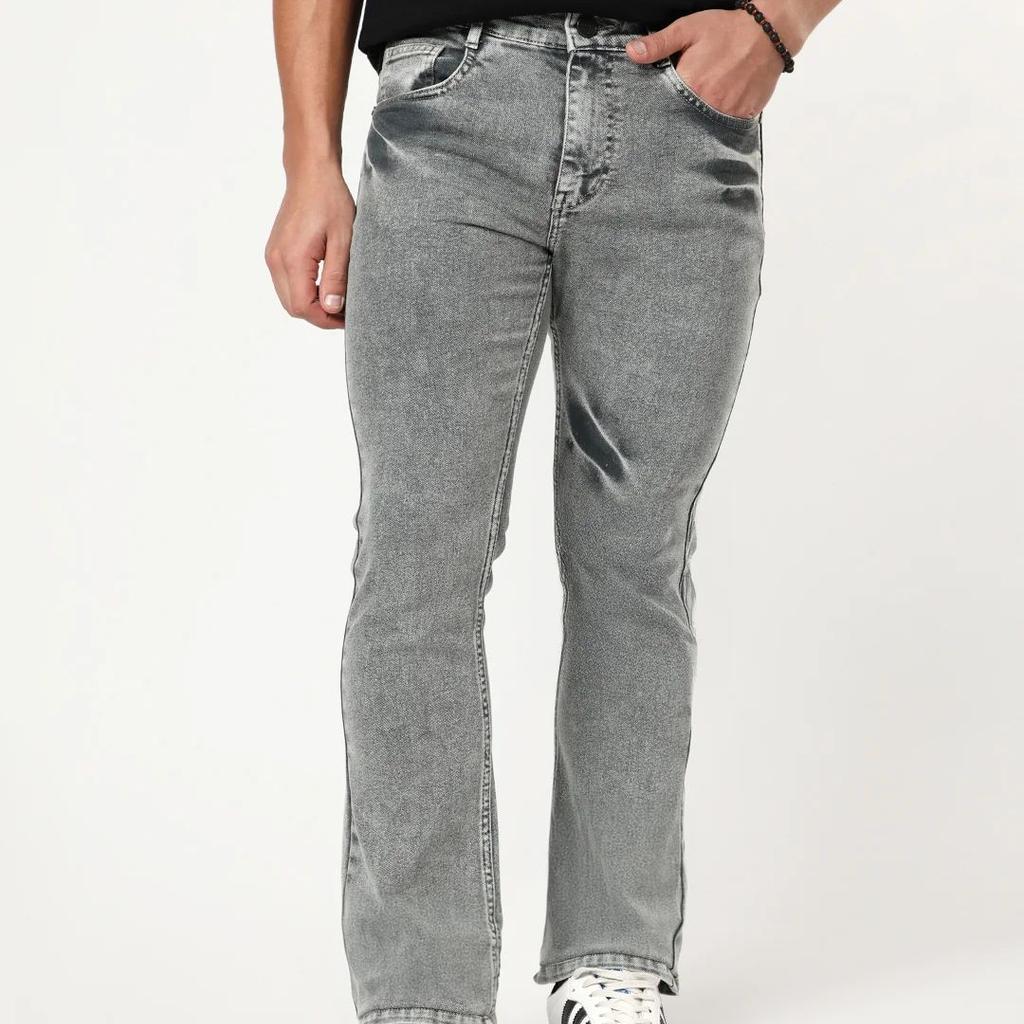 Men's Light Grey Bootcut Fit Mid Rise Acid Wash Jeans Stretchable