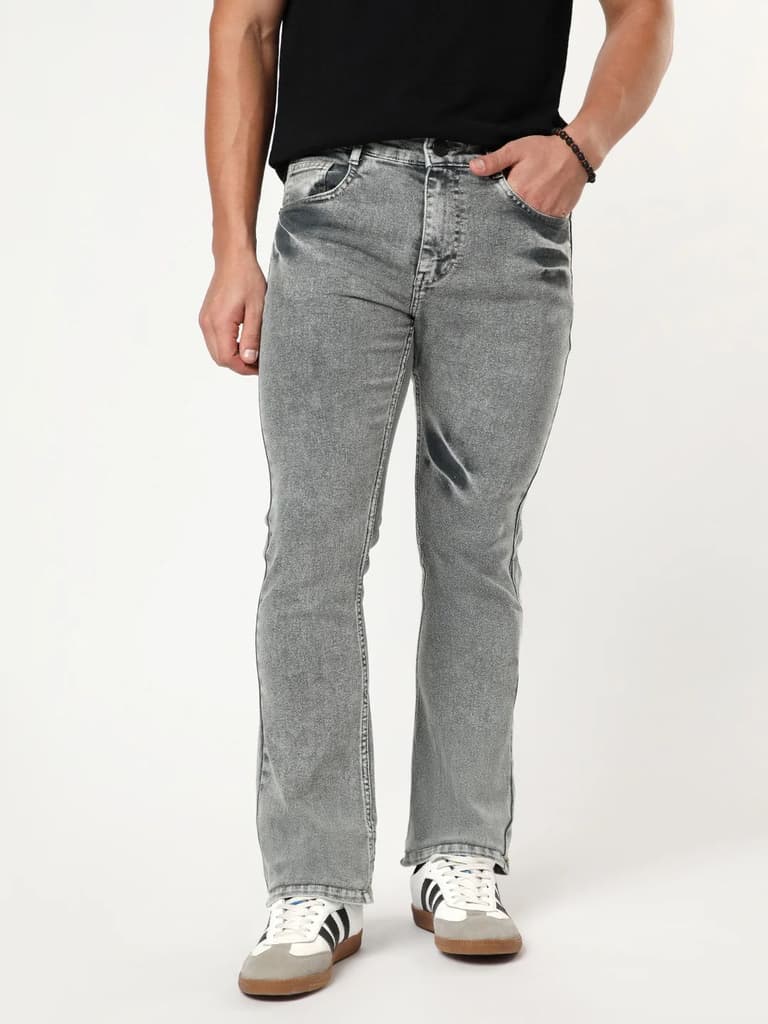 Men's Light Grey Bootcut Fit Mid Rise Acid Wash Jeans Stretchable — 28 / Light Grey