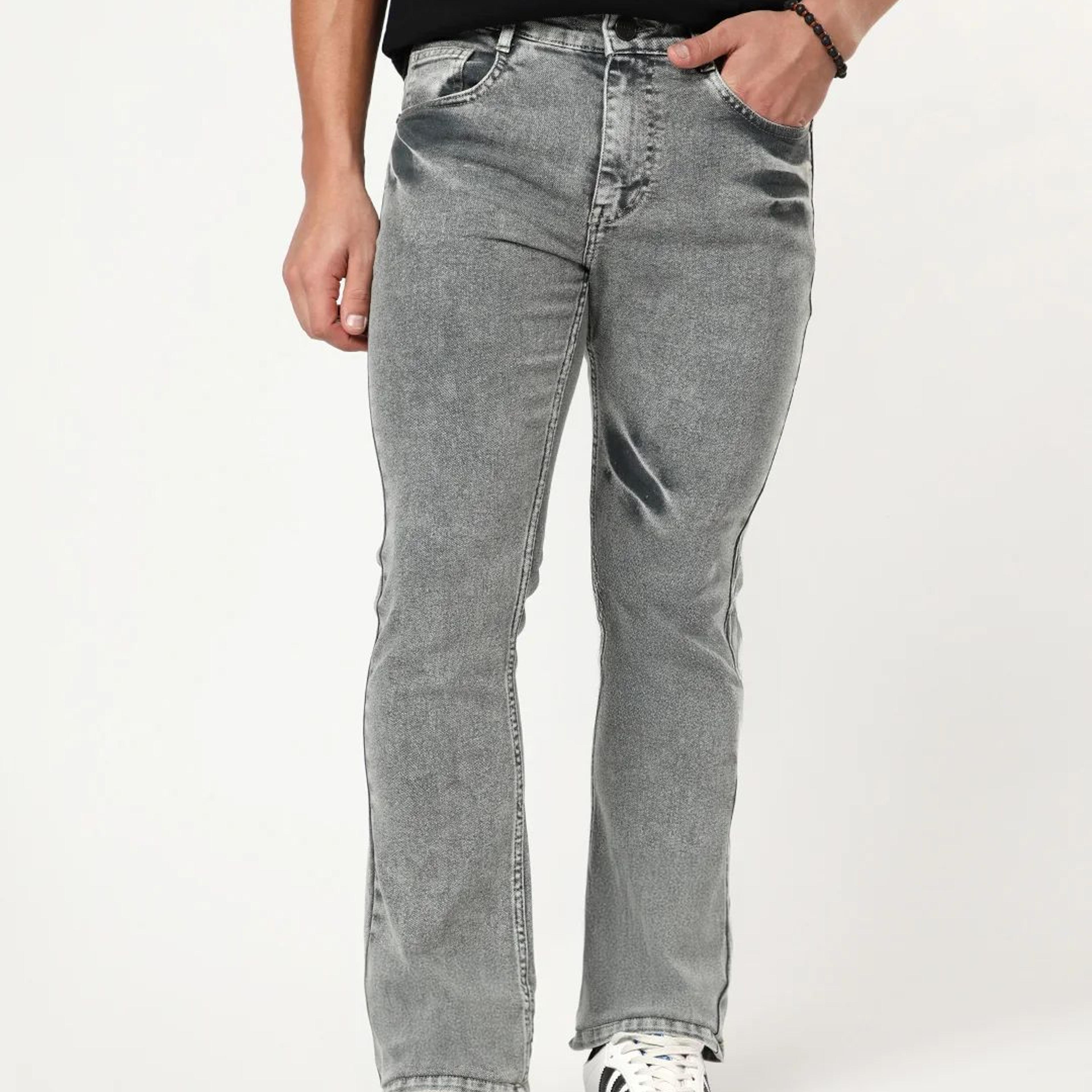 Men's Light Grey Bootcut Fit Mid Rise Acid Wash Jeans Stretchable