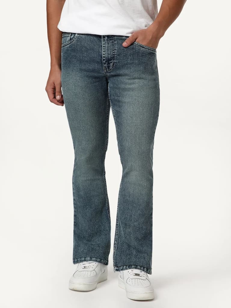 Men's Light Blue Bootcut Fit Mid Rise Tinted Heavy Washed Jeans Stretchable — 28 / Light Blue