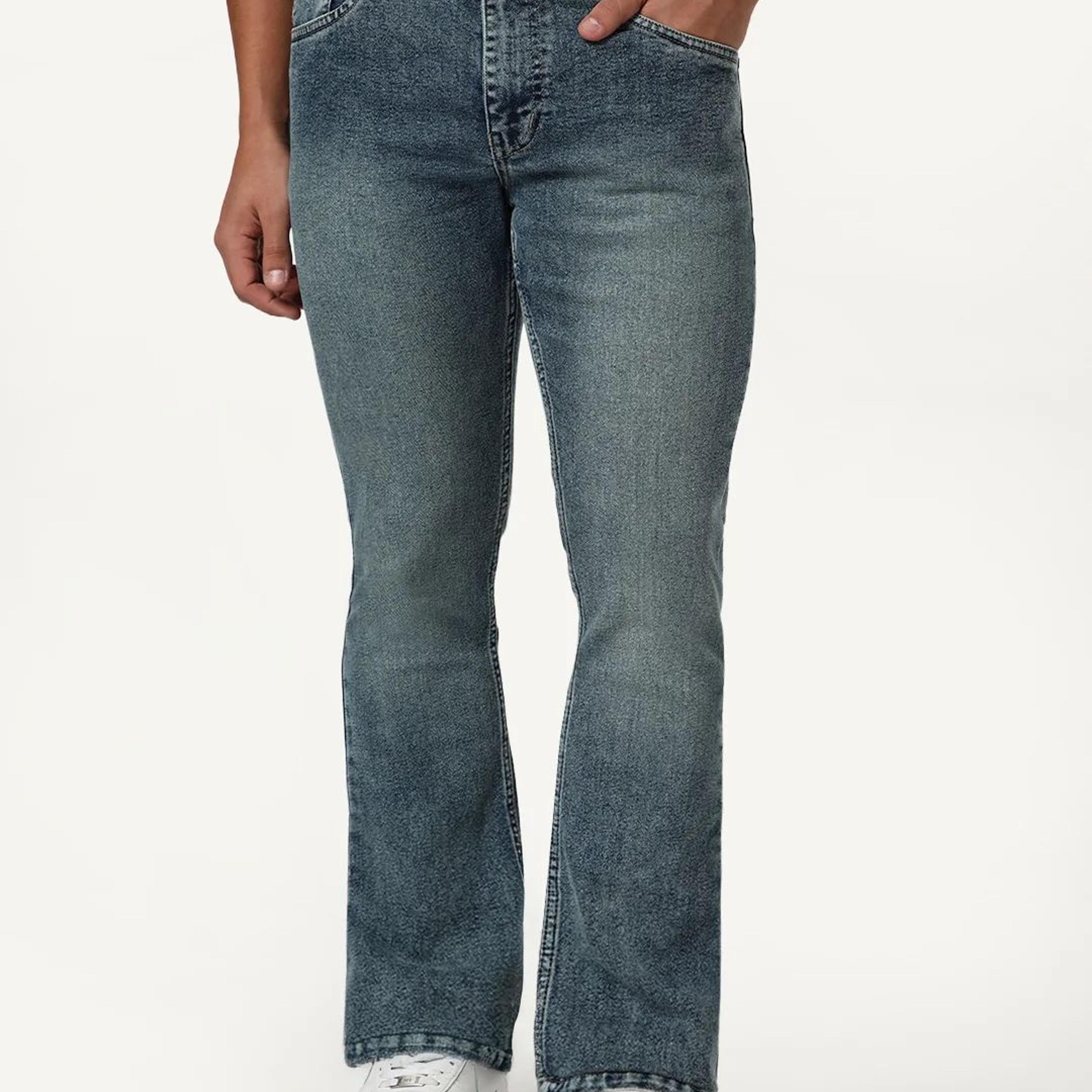Men's Light Blue Bootcut Fit Mid Rise Tinted Heavy Washed Jeans Stretchable