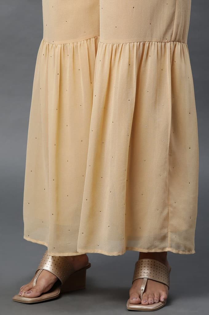 Gold Polka Dots Printed Flared Woven Palazzo With Elasticated Waist — photo 7