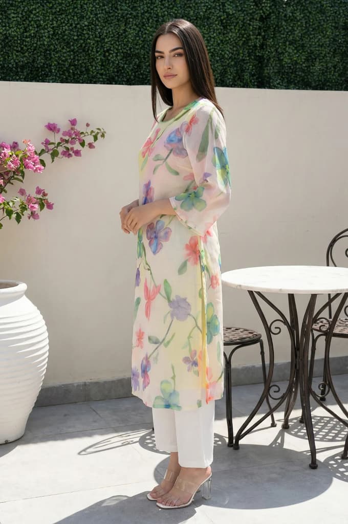 Cream Floral Printed Beadwork Silver Chiffon Straight Kurta — photo 5