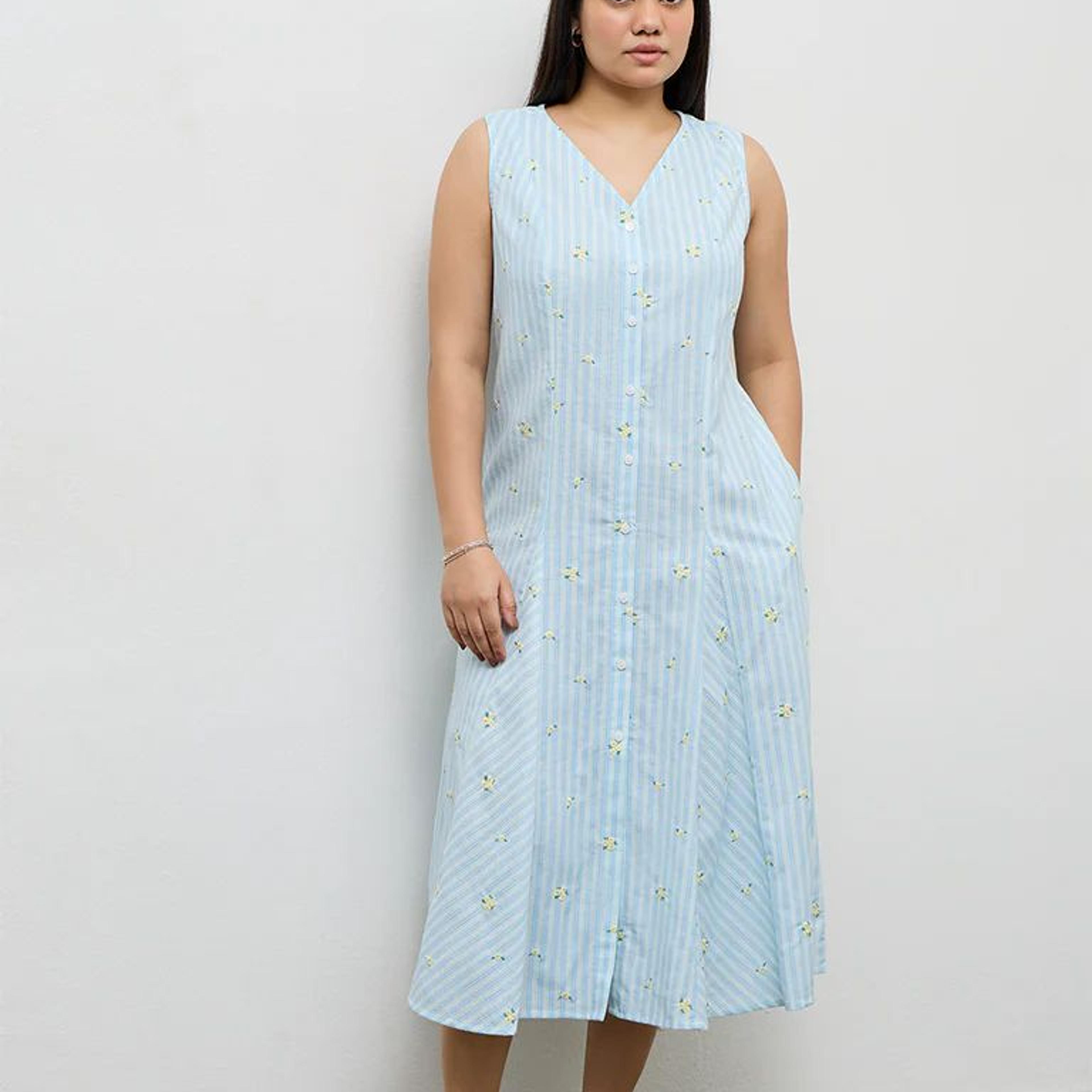 Gia Blue Striped Cotton-Blend Straight Dress