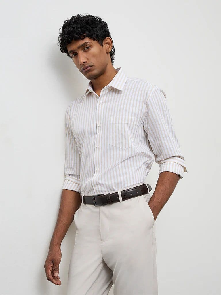 WES Formals Beige Striped Slim-Fit Cotton Shirt — photo 2