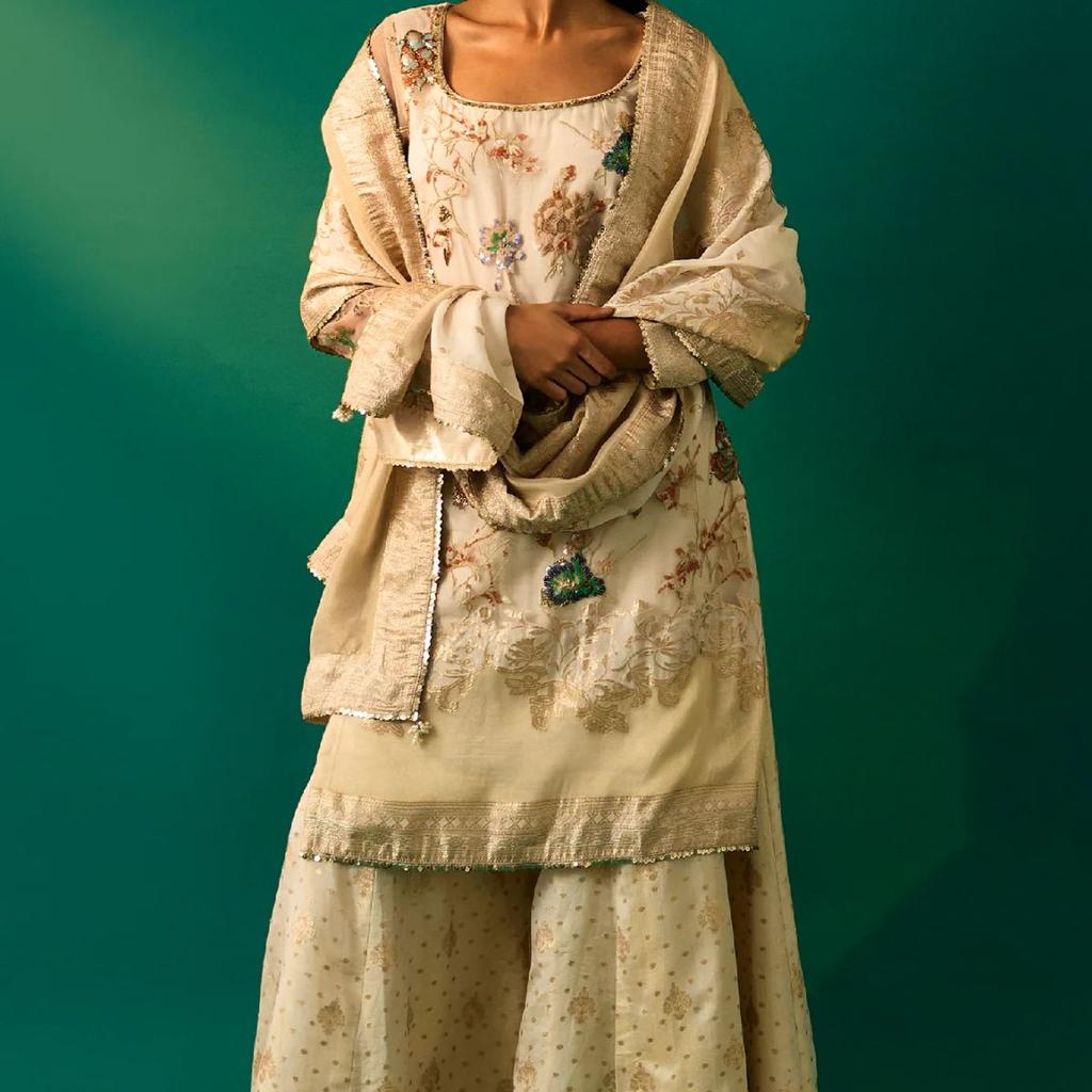Beige Embroidered Straight Tissue Kurta with Sharara and Dupatta Set