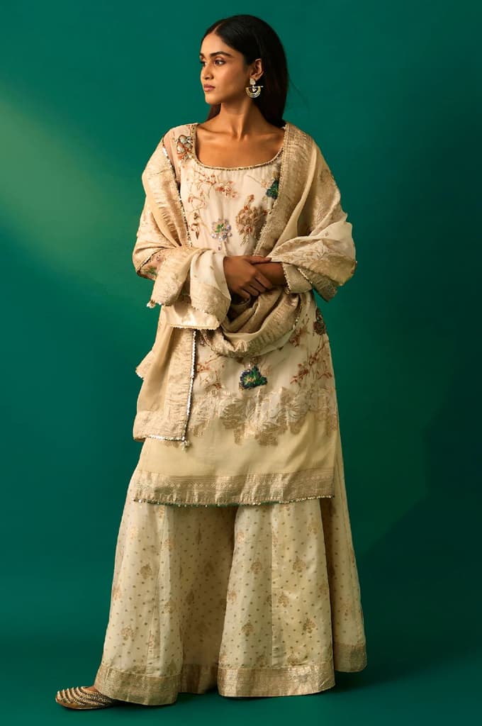 Beige Embroidered Straight Tissue Kurta with Sharara and Dupatta Set — XS