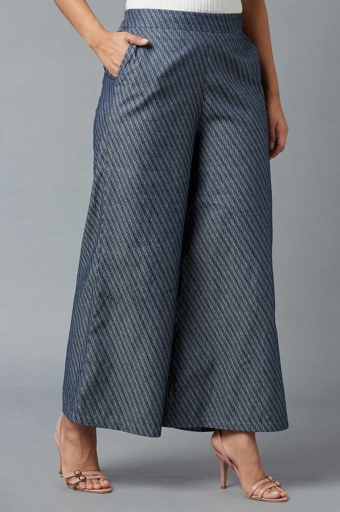 Blue Geometric Printed Flared Cotton Palazzo With Elasticated Waist — photo 4