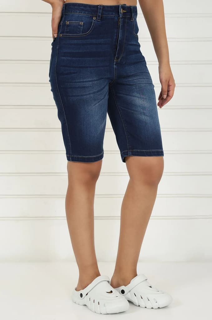 Blue Denim Lycra Mid Rise Mid Thigh Length Shorts with YKK Zipper — photo 5