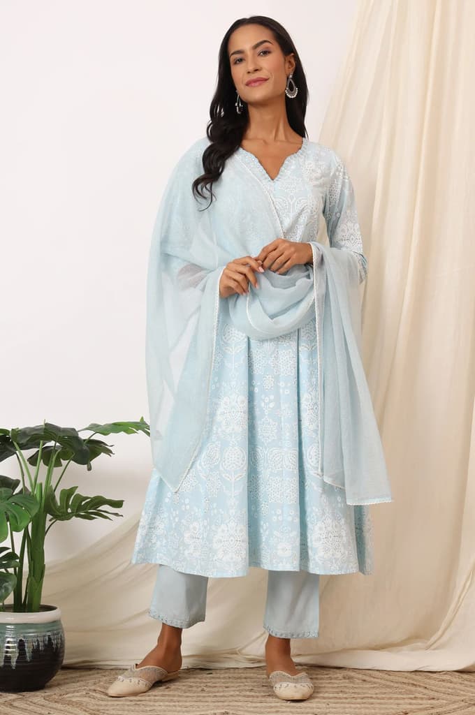 Sky Blue Printed Pure Cotton Anarkali Kurta, Pants and Dupatta Set — photo 2