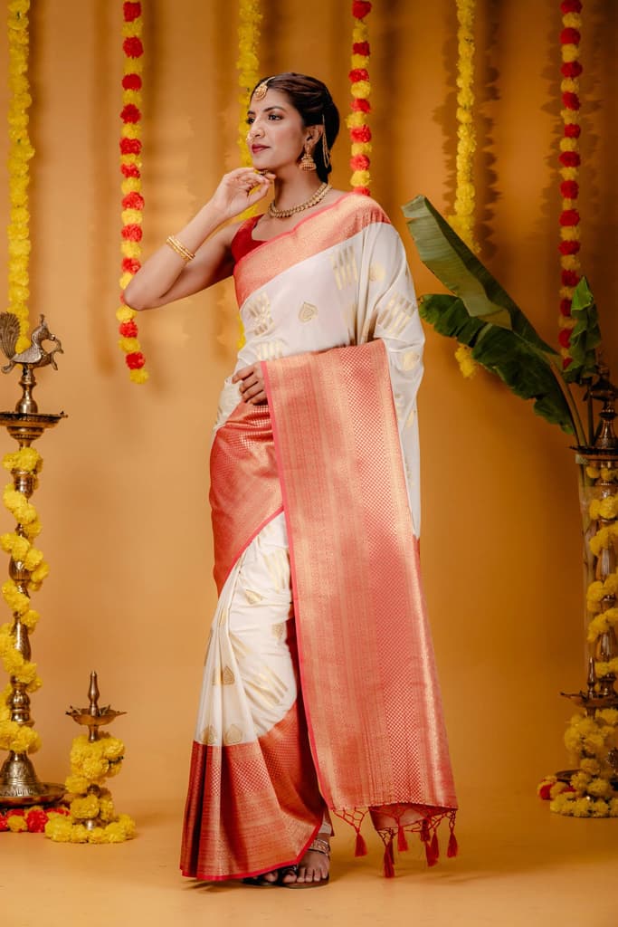 Mimosa Women's Woven Design Kanjivaram Style Art Silk Saree With Blouse Piece : SA00001732HWFREE — Halfwhite