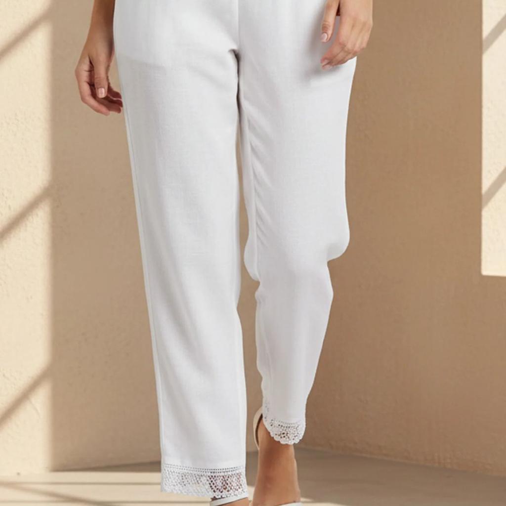 White Solid Lace Cotton Flax Straight Pant