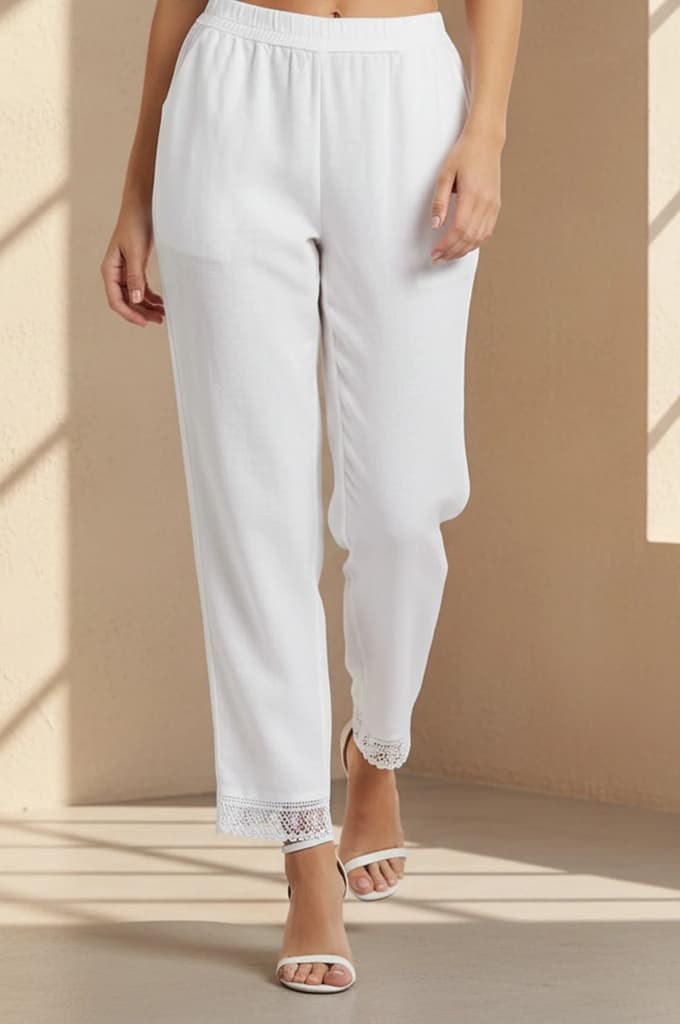 White Solid Lace Cotton Flax Straight Pant — S