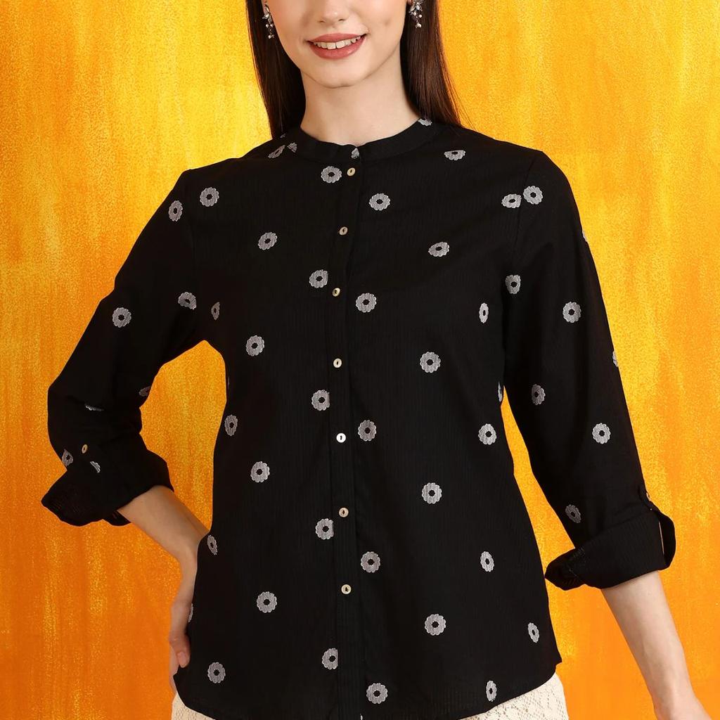 Black Printed Pure Cotton Button Down Shirt