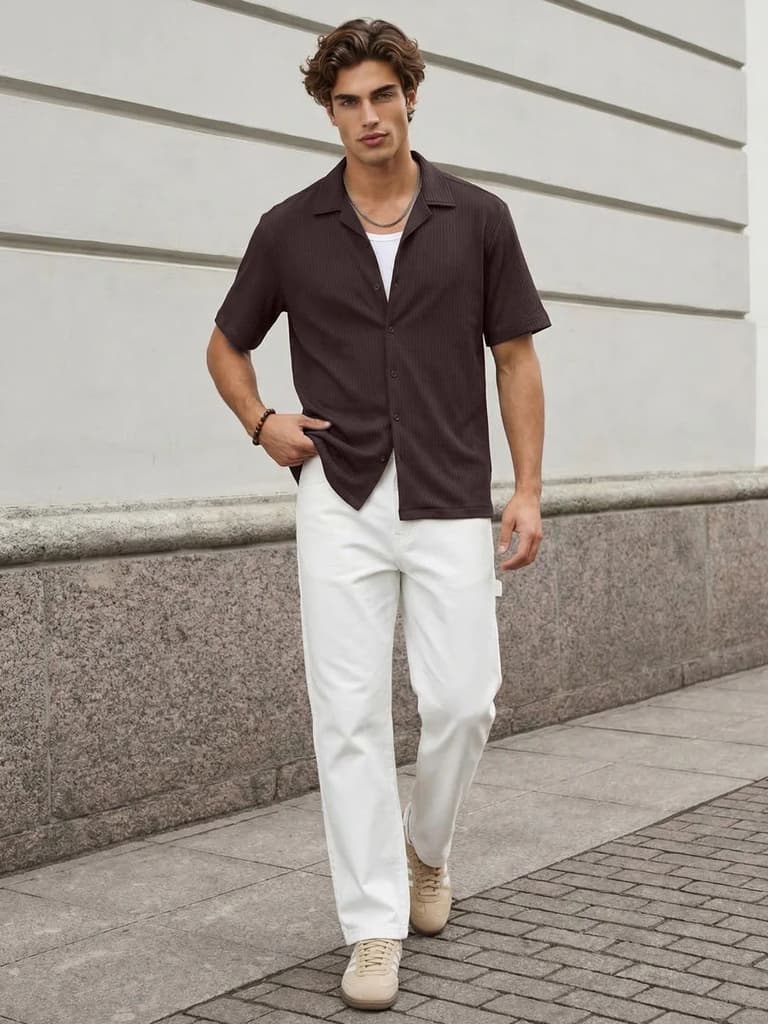Men's Brown Cotton Half Sleeve Oversized Fit Textured Shirt with Cuban Collar — photo 4