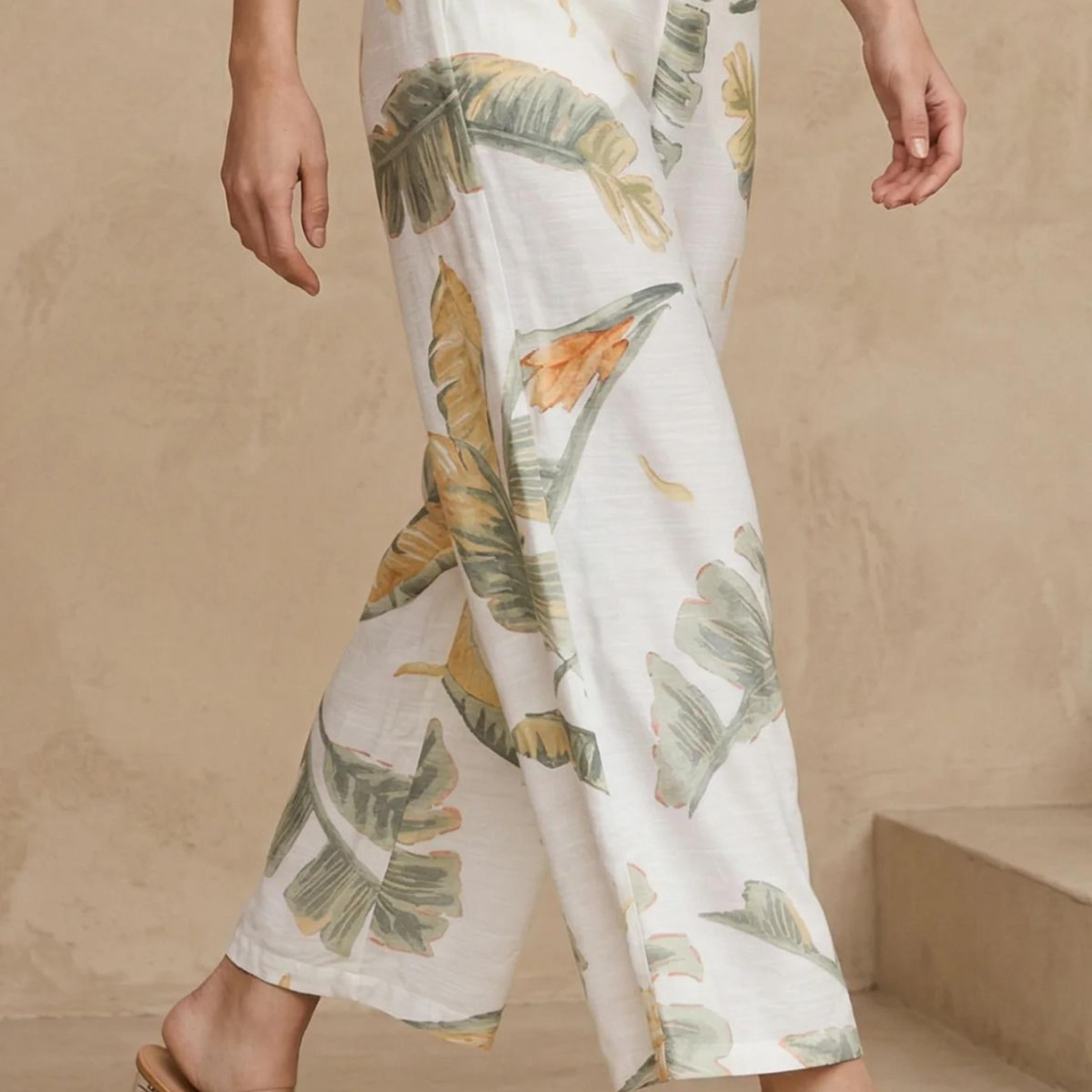 White Tropical Floral Printed Wide Leg Ankle Length Parallel Pants